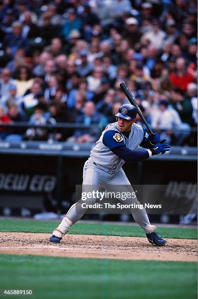 Brad Fullmer of the Toronto Blue Jays bats against the Seattle Mariners at Safeco Field on May 5, 2001 in Seattle, Washington.