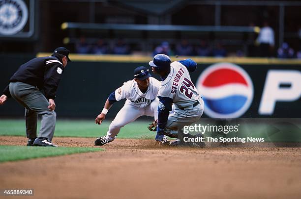 Shannon Stewart of the Toronto Blue Jays slides against the Seattle Mariners at Safeco Field on May 5, 2001 in Seattle, Washington.