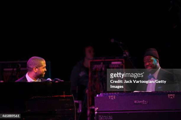 American Jazz pianists Jason Moran and Robert Glasper play dual pianos at the Blue Note Records 75th Anniversary Concert during the 2014 NYC Winter...