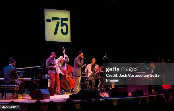 American Jazz pianists Robert Glasper and Jason Moran lead a band at the Blue Note Records 75th Anniversary Concert during the 2014 NYC Winter...