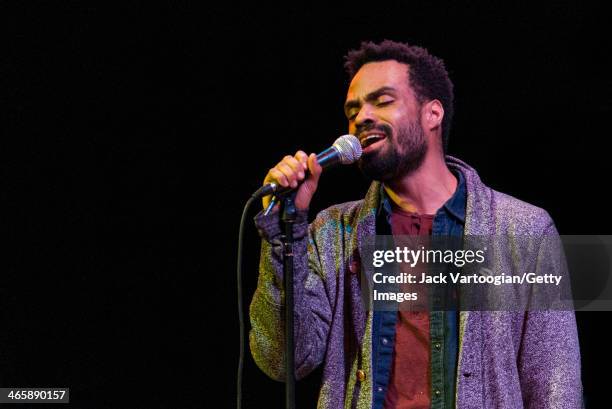 American musician Bilal sings at the Blue Note Records 75th Anniversary Concert during the 2014 NYC Winter JazzFest 10th Anniversary at Town Hall,...