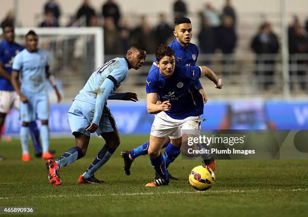 Matt Miles of Leicester City in action with Denzeil Boadu of Manchester City during the FA Youth Cup Semi Final First Leg at the Manchester City...