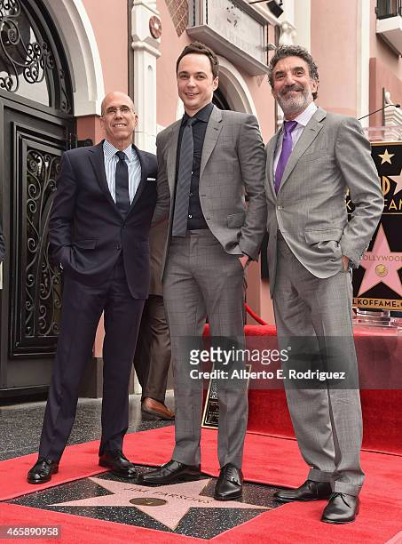 Dreamworks Animation CEO Jeffrey Katzenberg, actor Jim Parsons and producer Chuck Lorre attend a ceremony honoring Jim Parsons wtih the 2,545th Star...