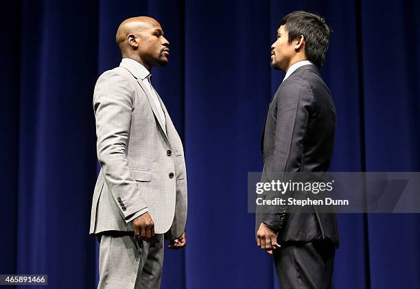 Floyd Mayweather and Manny Pacquiao face off at the start of their Press Conference promoting their upcoming fight on March 11, 2015 in Los Angeles,...