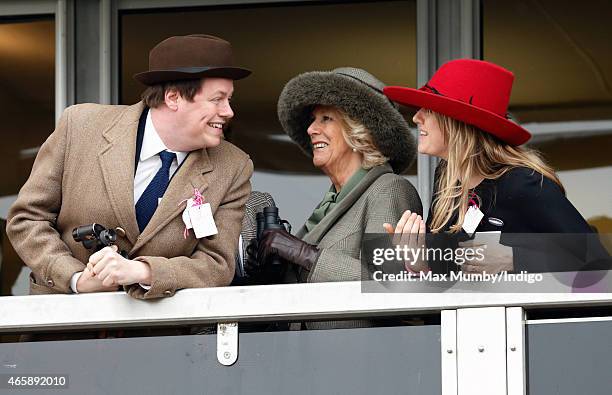 Camilla, Duchess of Cornwall her son Tom Parker Bowles and daughter Laura Lopes watch the racing as they attend day 2 of the Cheltenham Festival at...