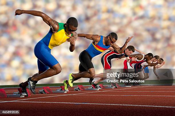 six athletes starting race - man sprint stock pictures, royalty-free photos & images