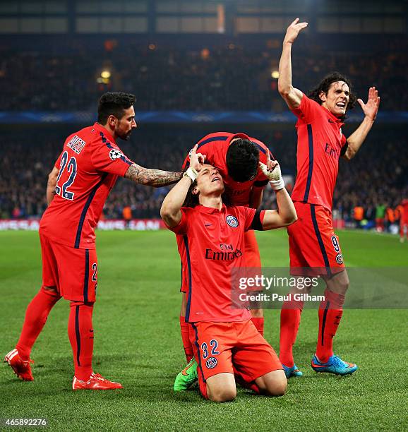 David Luiz of PSG celebrates after scoring a goal to level the scores at 1-1 during the UEFA Champions League Round of 16, second leg match between...