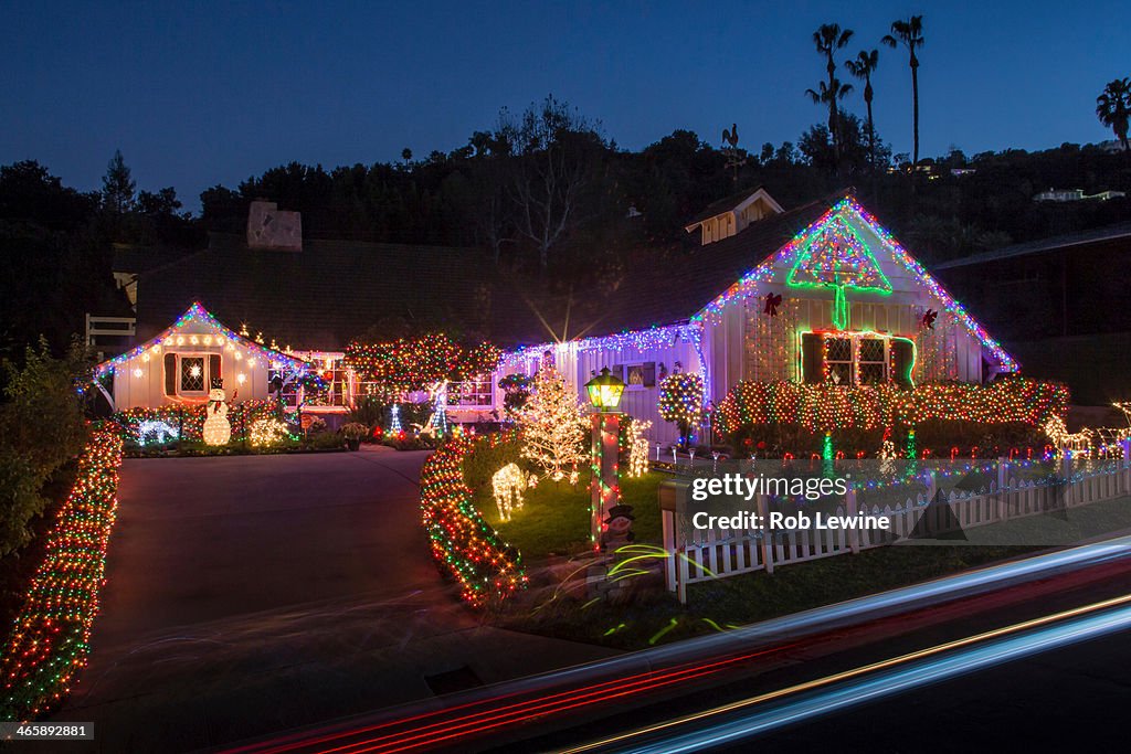 House with abundant exterior Christmas lights