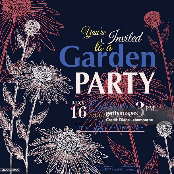 sonnenhut design garten-party-einladung - gartenparty stock-grafiken, -clipart, -cartoons und -symbole