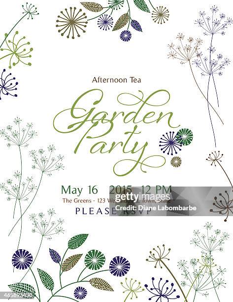 wild blume design garten-party-einladung - gartenparty stock-grafiken, -clipart, -cartoons und -symbole