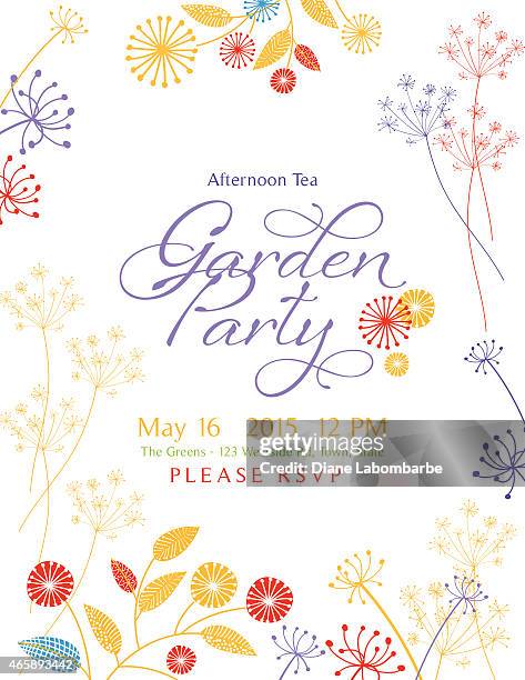 stockillustraties, clipart, cartoons en iconen met wild flower design garden party invitation - afternoon tea