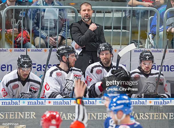Coach Martin Jiranek of the Thomas Sabo Ice Tigers Nuernberg looks on during the game between Adler Mannheim and Thomas Sabo Ice Tigers on March 11,...