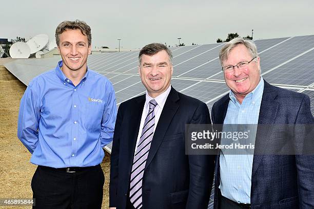 SolarCity CEO Lyndon Rive, DIRECTV CEO Mike White and Executive VP of Services and Operations at DIRECTV Mike Palkovic attend the DIRECTV CBC Solar...