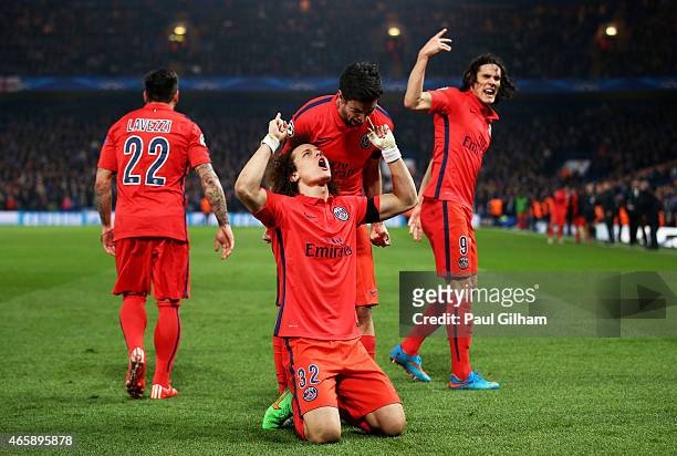 David Luiz of PSG celebrates after scoring a goal to level the scores at 1-1 during the UEFA Champions League Round of 16, second leg match between...