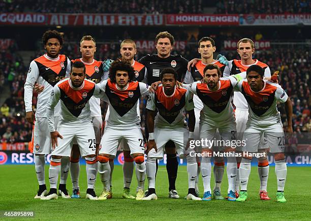 Shakhtar Donetsk line up prior to the UEFA Champions League Round of 16 second leg match between FC Bayern Muenchen and FC Shakhtar Donetsk at...