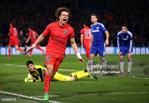 David Luiz of PSG celebrates after teammate Thiago Silva of PSG scores a goal to level the scores at 2-2 during the UEFA Champions League Round of...