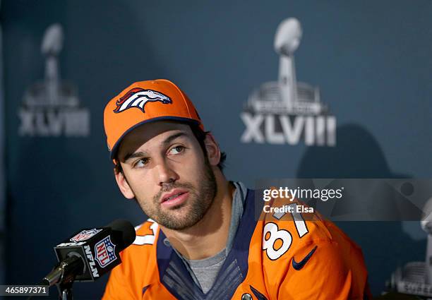 Eric Decker of the Denver Broncos addresses the media during Super Bowl XLVIII media availability on January 30, 2014 in Jersey City, New Jersey. The...