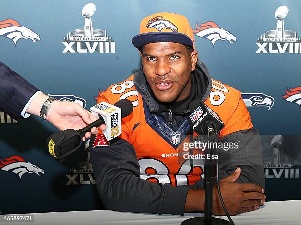 Julius Thomas of the Denver Broncos addresses the media during Super Bowl XLVIII media availability on January 30, 2014 in Jersey City, New Jersey....