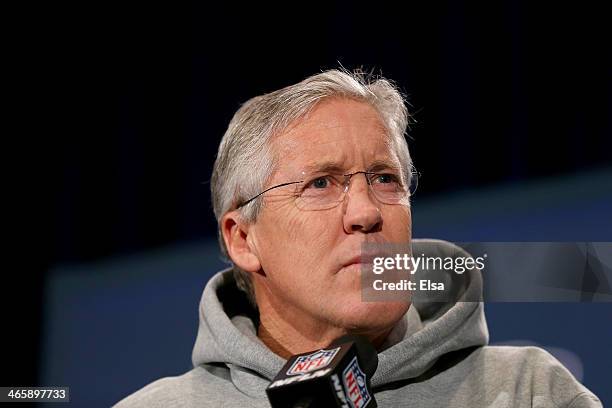 Head coach Pete Carroll of the Seattle Seahawks addresses the media during Super Bowl XLVIII media availability at the Westin Hotel January 30, 2014...