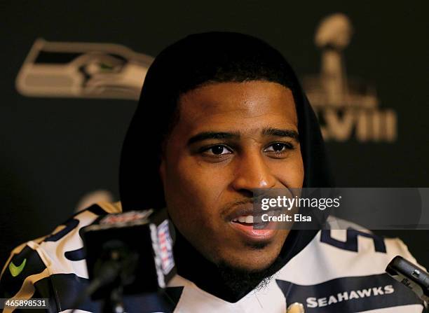 Bobby Wagner of the Seattle Seahawks addresses the media during Super Bowl XLVIII media availability at the Westin Hotel January 30, 2014 in Jersey...