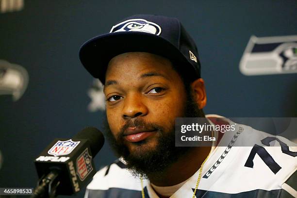 Michael Bennett of the Seattle Seahawks addresses the media during Super Bowl XLVIII media availability at the Westin Hotel January 30, 2014 in...