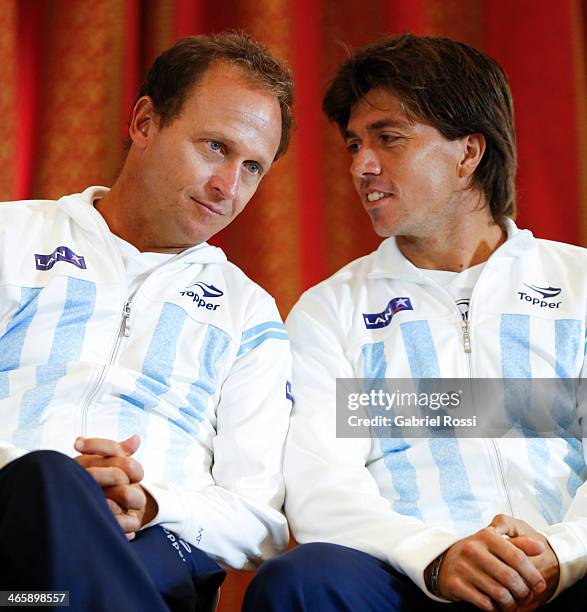 Martin Jaite Coach of Argentina and Carlos Berloq talk during the Copa Davis Draw between Argentina and Italy as part of the Copa Davis at NH Hotel...