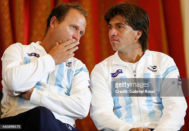 Martin Jaite Coach of Argentina and Carlos Berloq talk during the Copa Davis Draw between Argentina and Italy as part of the Copa Davis at NH Hotel...
