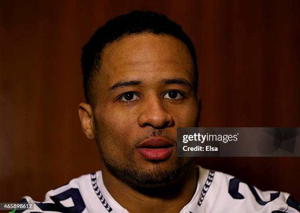 Earl Thomas of the Seattle Seahawks addresses the media during Super Bowl XLVIII media availability at the Westin Hotel January 30, 2014 in Jersey...