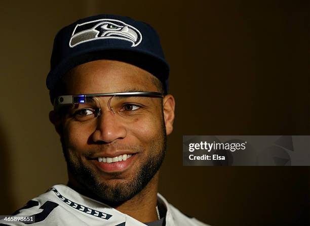 Golden Tate of the Seattle Seahawks addresses the media during Super Bowl XLVIII media availability at the Westin Hotel January 30, 2014 in Jersey...