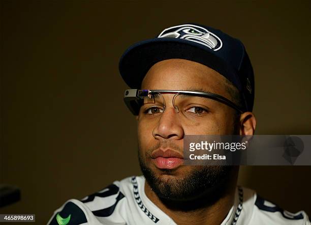 Golden Tate of the Seattle Seahawks addresses the media during Super Bowl XLVIII media availability at the Westin Hotel January 30, 2014 in Jersey...