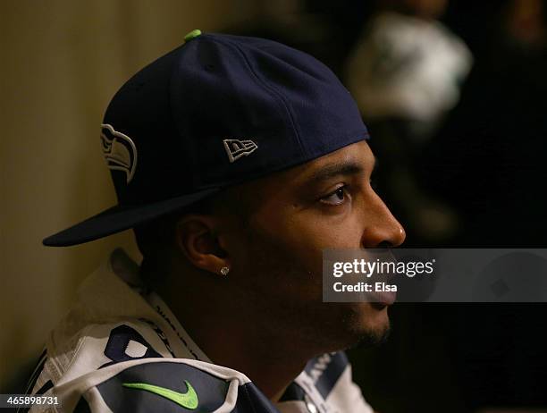 Doug Baldwin of the Seattle Seahawks addresses the media during Super Bowl XLVIII media availability at the Westin Hotel January 30, 2014 in Jersey...