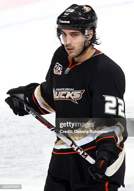 Mathieu Perreault of the Anaheim Ducks looks on during the game against the Boston Bruins on January 7, 2014 at Honda Center in Anaheim, California.