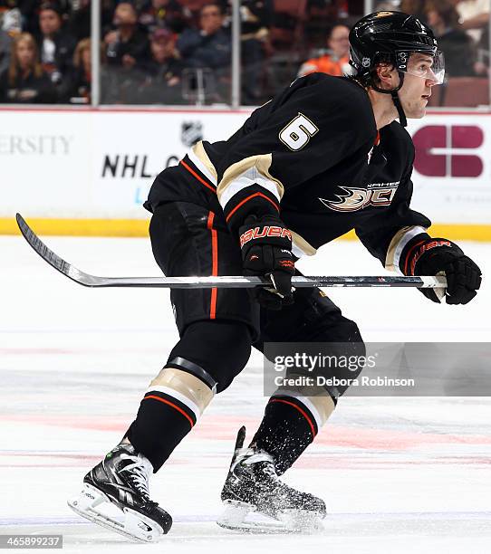 Ben Lovejoy of the Anaheim Ducks skates during the game against the Boston Bruins on January 7, 2014 at Honda Center in Anaheim, California.