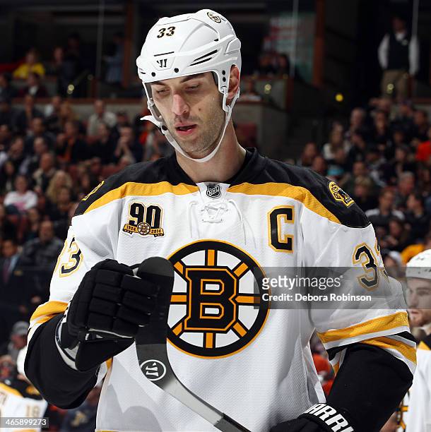 Zdeno Chara of the Boston Bruins looks on during the game against the Anaheim Ducks on January 7, 2014 at Honda Center in Anaheim, California.