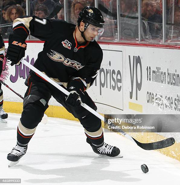 Andrew Cogliano of the Anaheim Ducks handles the puck during the game against the Boston Bruins on January 7, 2014 at Honda Center in Anaheim,...