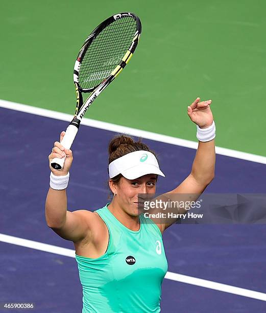 Irina Falconi celebrates her straight set victory over Ajla Tomljanovic of Croatia during the BNP Parisbas Open at the Indian Wells Tennis Garden on...