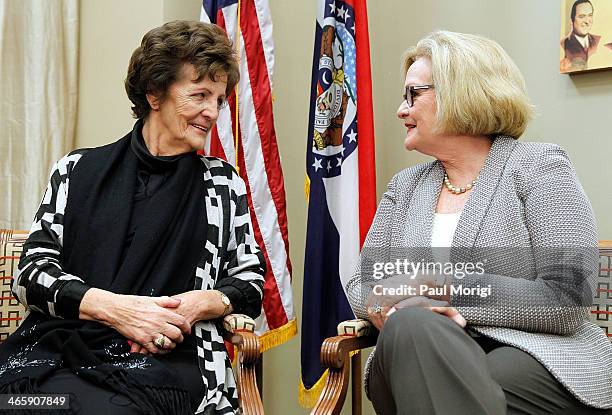 Philomena Lee and Senator Claire McCaskill meet to discuss a new adoption initiative, The Philomena Project, at the Hart Senate Office Building on...