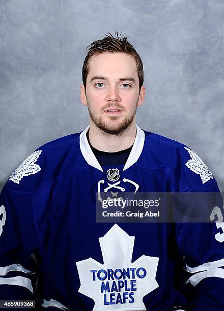 Tim Erixon of the Toronto Maple Leafs poses for his official headshot for the 2014-2015 season on March 11, 2015 at Air Canada Centre in Toronto,...