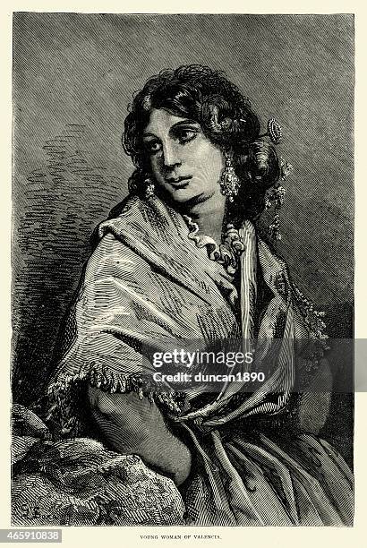 spanish pictures - young woman of valencia - shawl stock illustrations