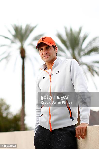 Roger Federer of Switzerland talks to the media during day three of the BNP Paribas Open tennis at the Indian Wells Tennis Garden on March 11, 2015...