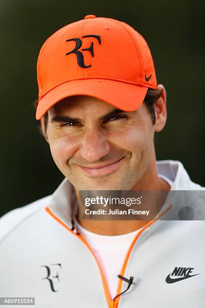 Roger Federer of Switzerland talks to the media during day three of the BNP Paribas Open tennis at the Indian Wells Tennis Garden on March 11, 2015...