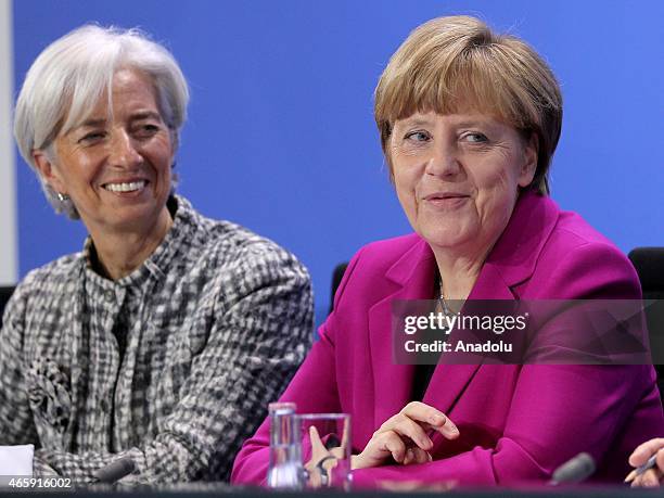 German Chancellor Angele Merkel and Managing Director of the International Monetary Fund Christine Lagarde attend a press conference after a meeting...