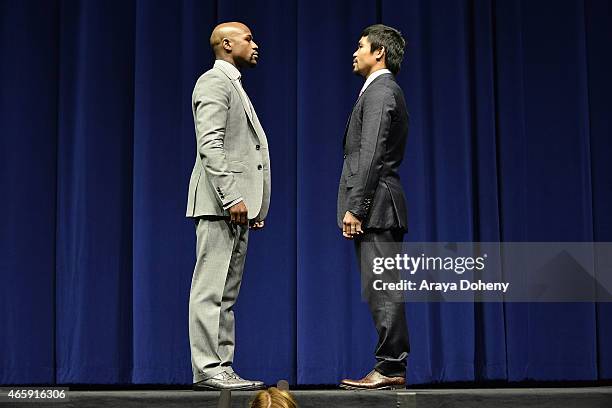 Floyd Mayweather and Manny Pacquiao attend a press conference at Nokia Theatre L.A. Live on March 11, 2015 in Los Angeles, California.