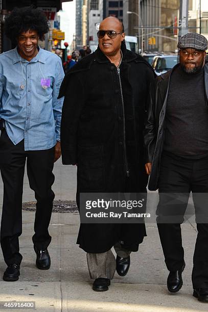 Musician Stevie Wonder enters the "Late Show With David Letterman" taping at the Ed Sullivan Theater on March 11, 2015 in New York City.