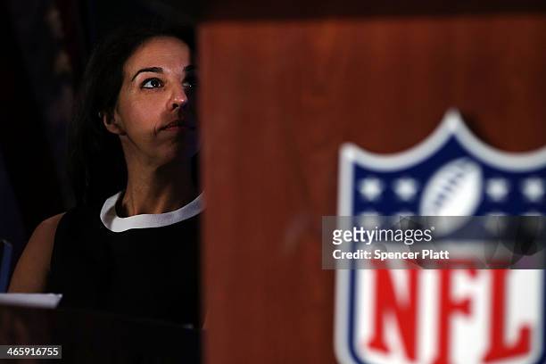 Anastasia Danias, Vice President for Legal Affairs, National Football League is viewed at a news conference on the latest seizure of counterfeit...