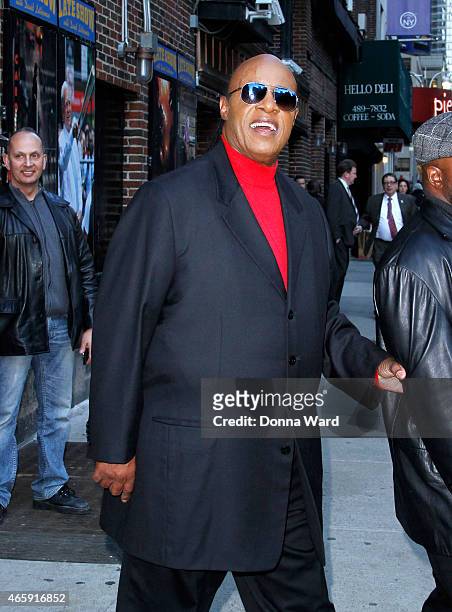 Stevie Wonder leaves the "Late Show with David Letterman" at Ed Sullivan Theater on March 11, 2015 in New York City.