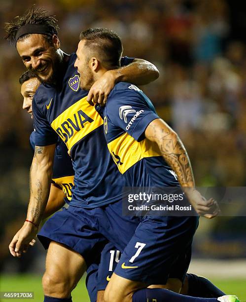 Daniel Osvaldo of Boca Juniors and teammates celebrate their team's fourth goal during a match between Boca Juniors and Zamora as part of third round...