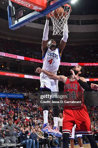 Nerlens Noel of the Philadelphia 76ers dunks the ball against the Chicago Bulls at Wells Fargo Center on March 11, 2015 in Philadelphia, Pennsylvania...