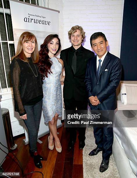 Designer Nicole Miller, Olympic-Gold Medalists Meryl Davis, Charlie White and Motokuni Takaoka attend the first U.S store opening in SoHo of airweave...