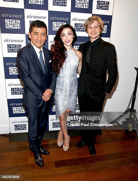 Motokuni Takaoka, Olympic-Gold Medalists Meryl Davis and Charlie White attend the first U.S store opening in SoHo of airweave on March 11, 2015 in...